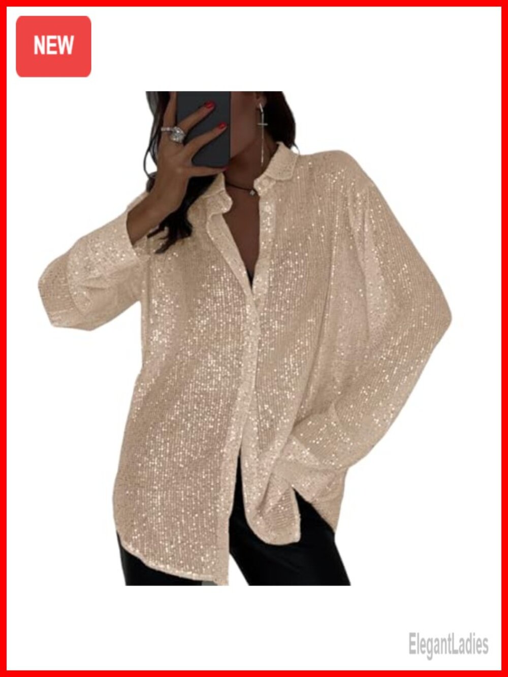 Sequins Long Sleeve Button Down Shirt Blouse